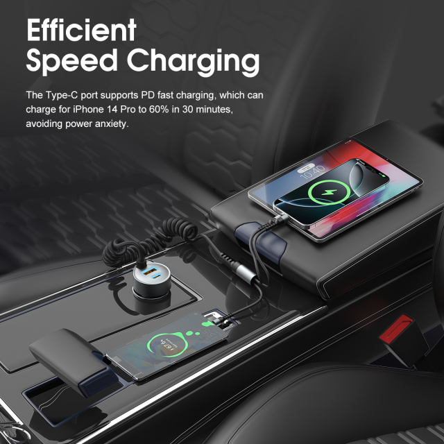 ESEEKGO C-35BK Retractable 60W Car Charger with 3 In 1 Cable