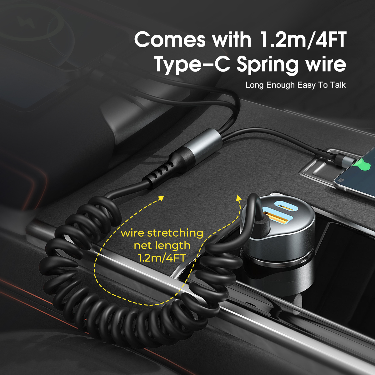 ESEEKGO C-35BK Retractable 60W Car Charger with 3 In 1 Cable