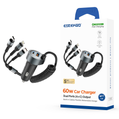 ESEEKGO C-35BK Retractable 60W Car Charger with 3 In 1 Cable