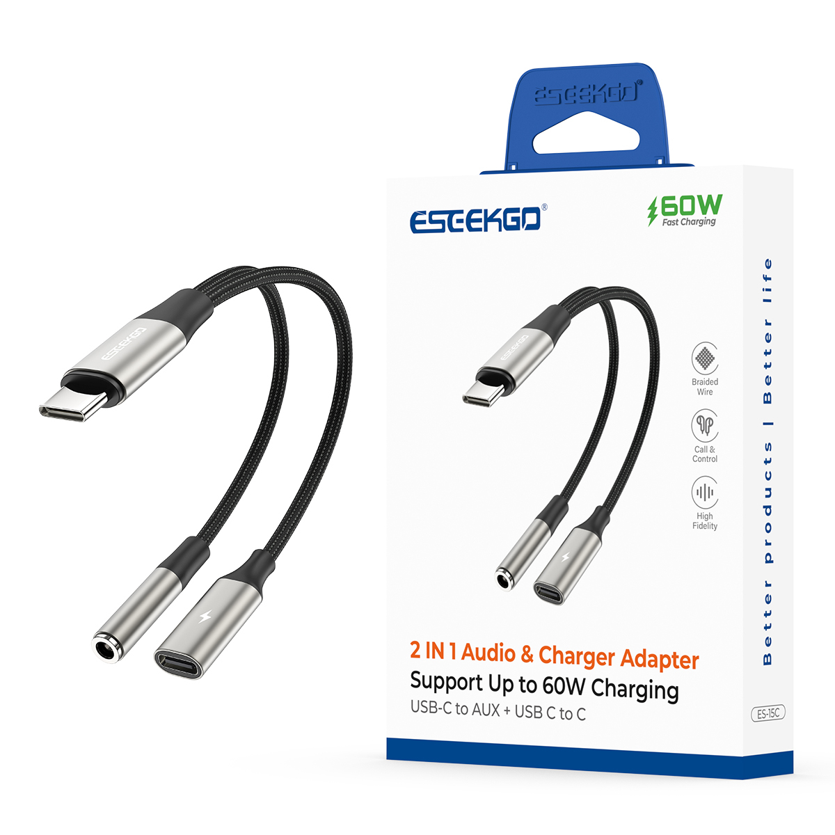 ESEEKGO ES-15C 2 In 1 Type-C to Type-C+3.5mm Audio Adapter