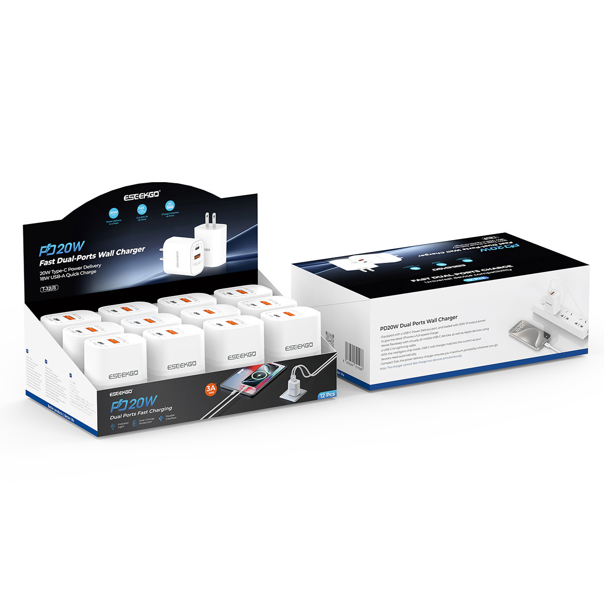 ESEEKGO T-32US 20W USB-A+USB-C Travel Adapter Set 12pcs