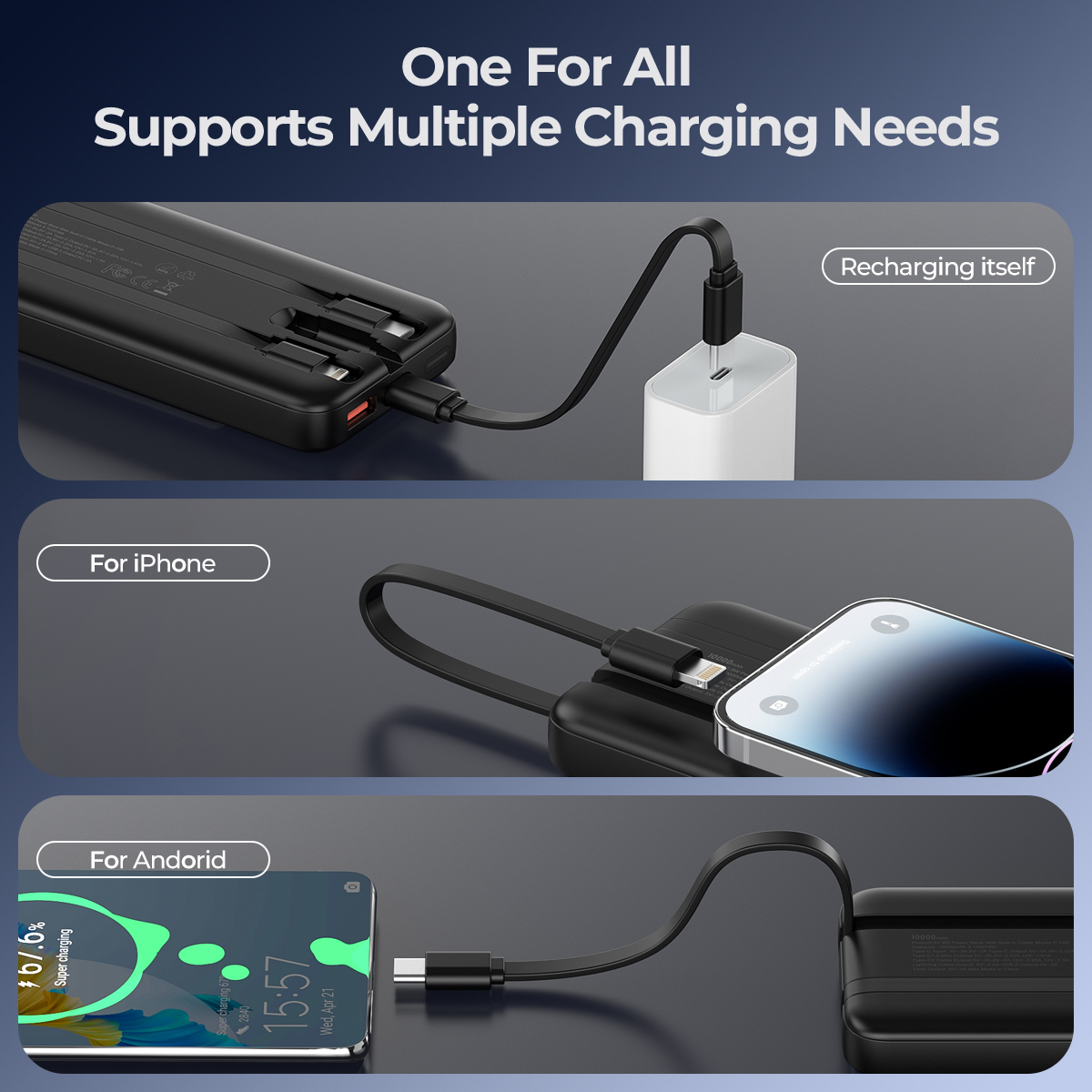 ESEEKGO P-12B 10000 mAh Power Bank With Built-in Cable