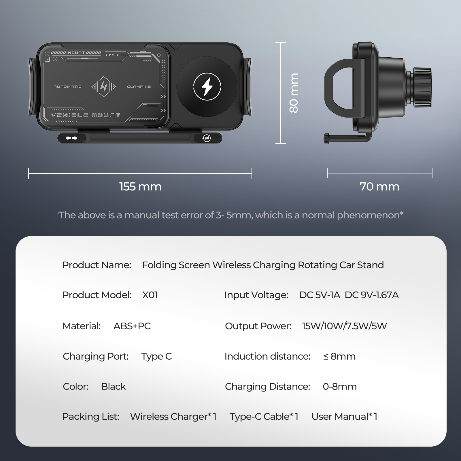 ESEEKGO CH-08 Folding Screen Wireless Charging Rotating Car Stand