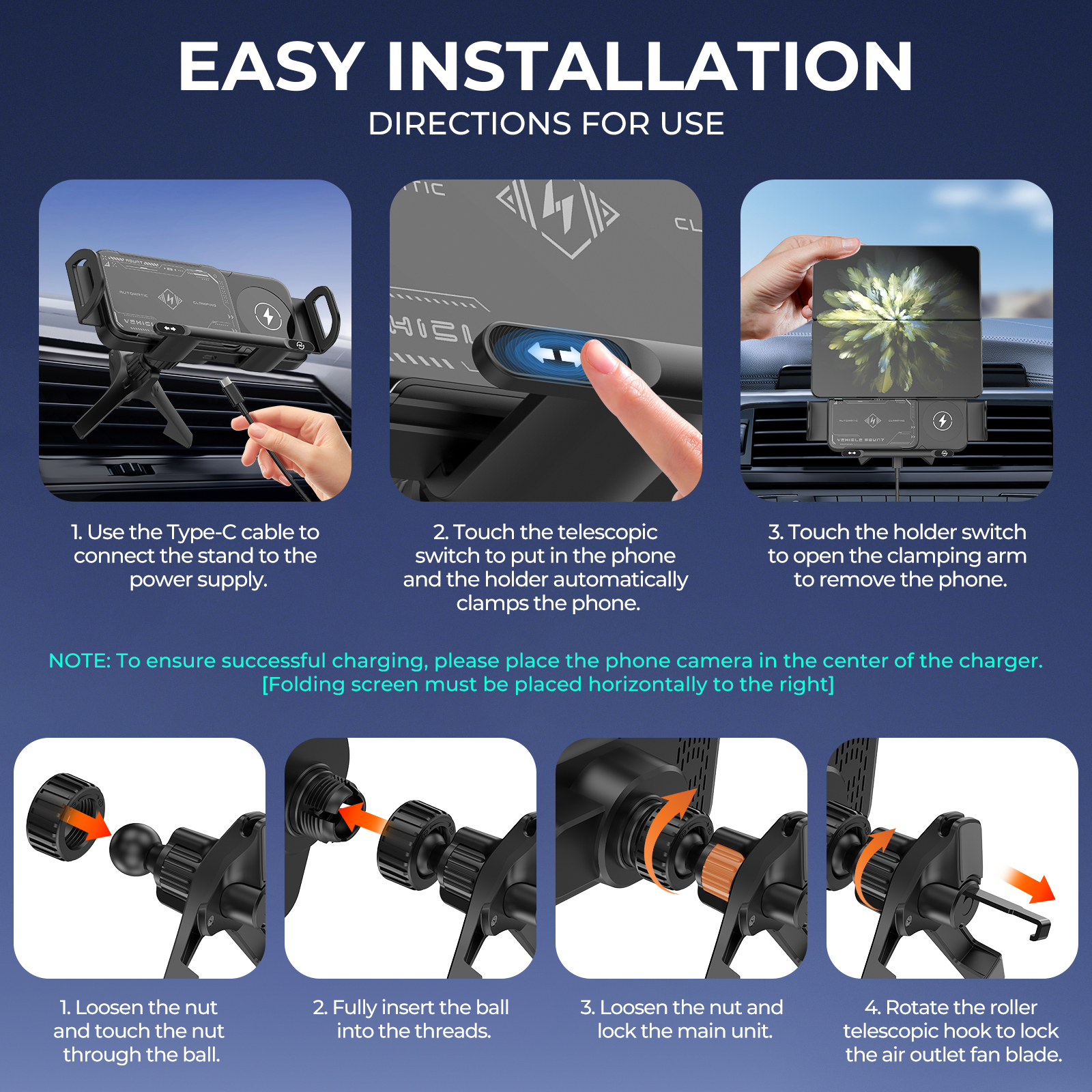 ESEEKGO CH-08 Folding Screen Wireless Charging Rotating Car Stand