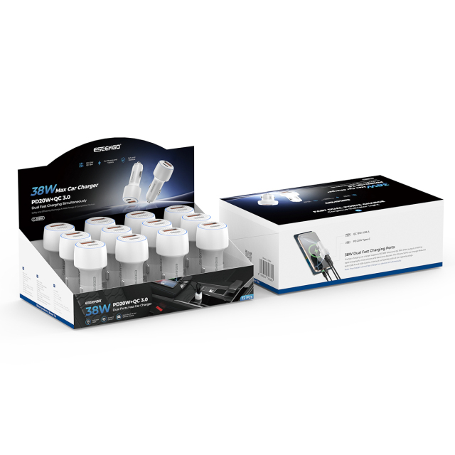 ESEEKGO C-10BW USB+Type-C 38W Dual Ports Car charger Set 12pcs White