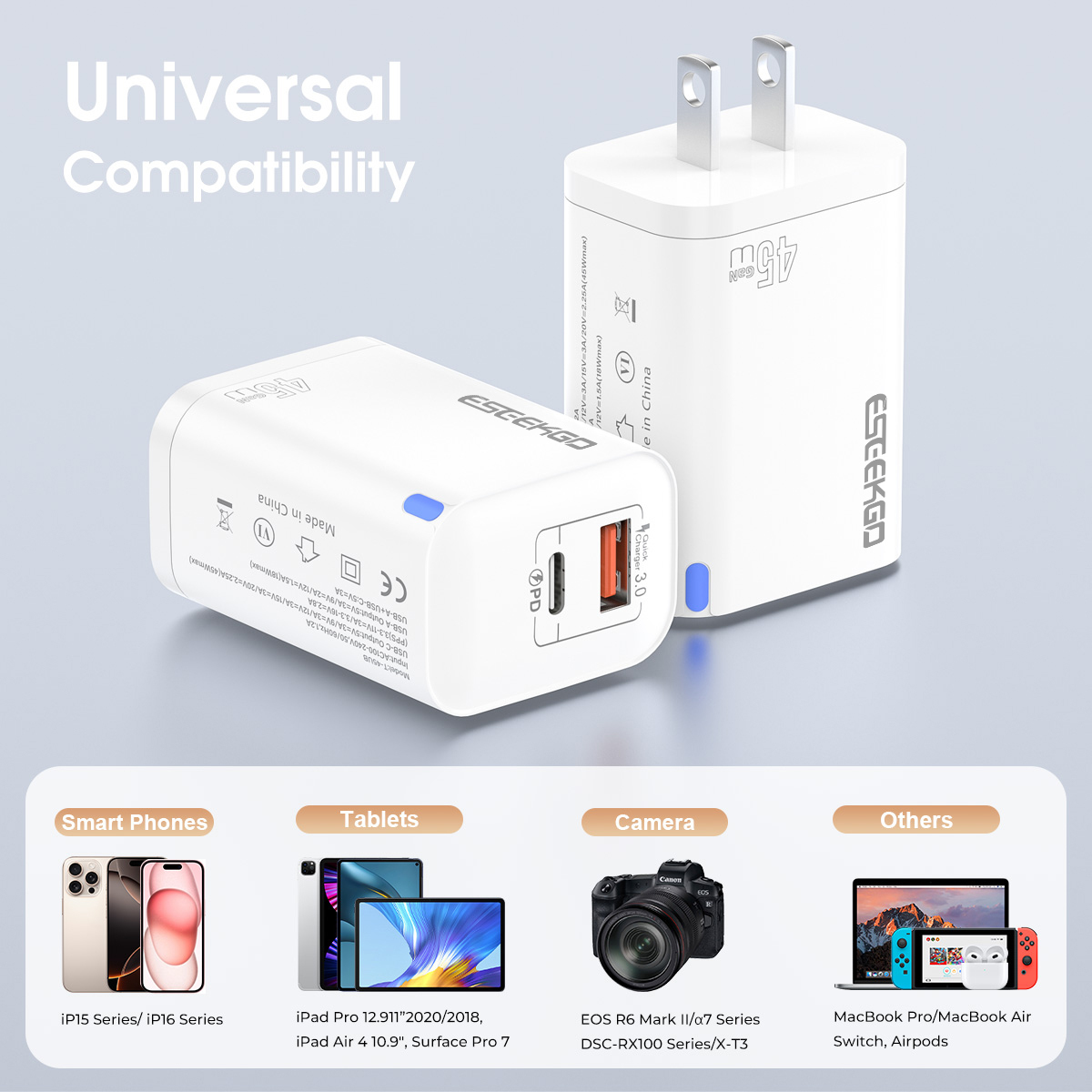 ESEEKGO T-45UB QC3.0 GaN PD45W Dual Ports Travel Charger