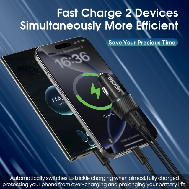 ESEEKGO CC-52C 52.5W QC22.5W+PD30W Car Charger With 3.3FT Type-C To Type-C Charging Cable