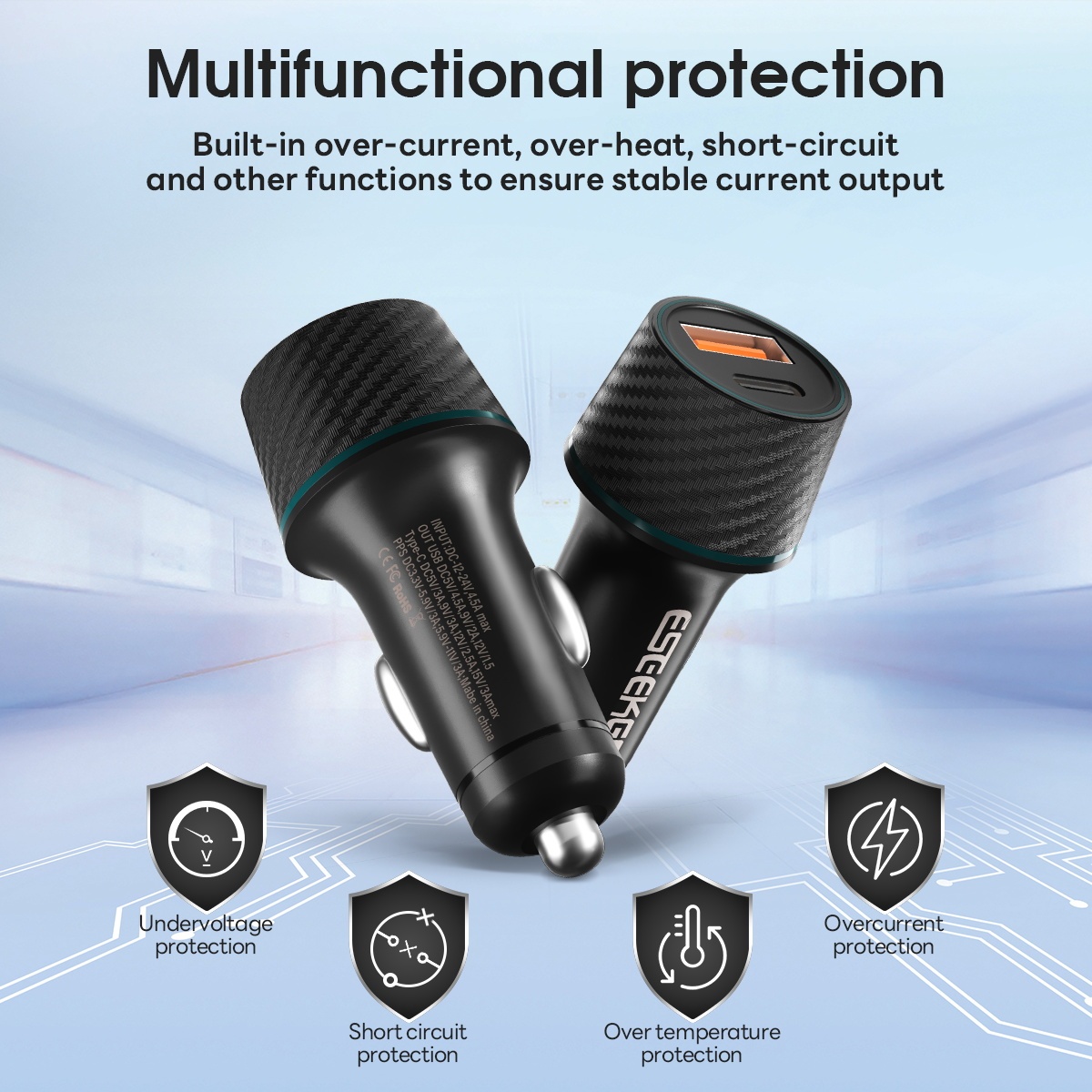 ESEEKGO CC-52C 52.5W QC22.5W+PD30W Car Charger With 3.3FT Type-C To Type-C Charging Cable