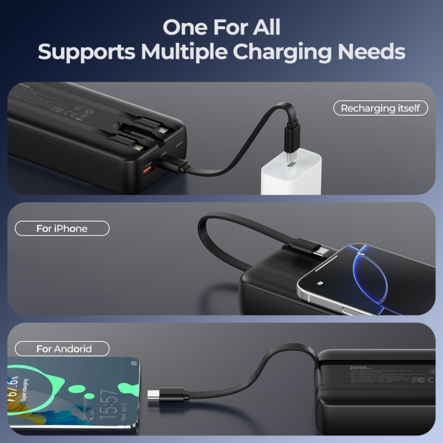 ESEEKGO P-22B PD20W 20000mAh Power Bank With Built-in 3 Cable