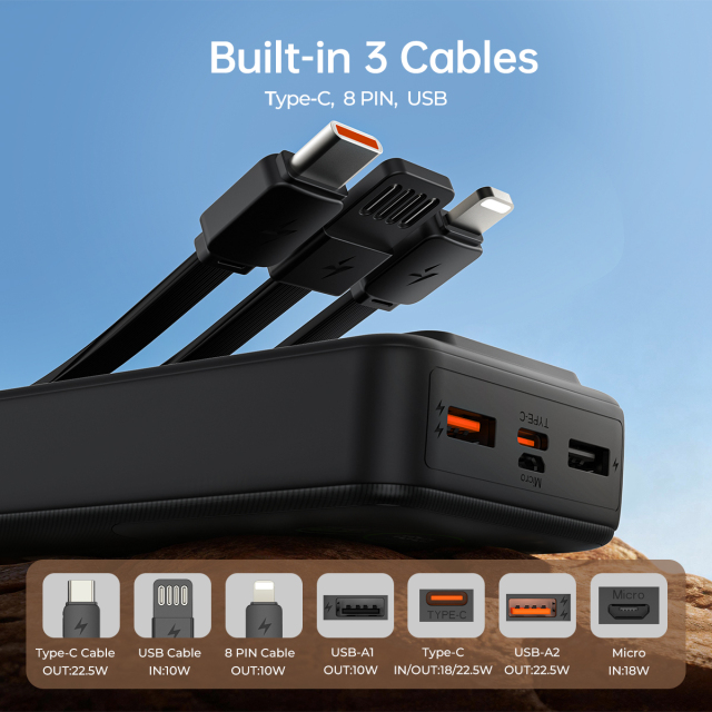 ESEEKGO P-21B PD20W+22.5W 20000 mAh Power Bank With Built-in 3 Cables
