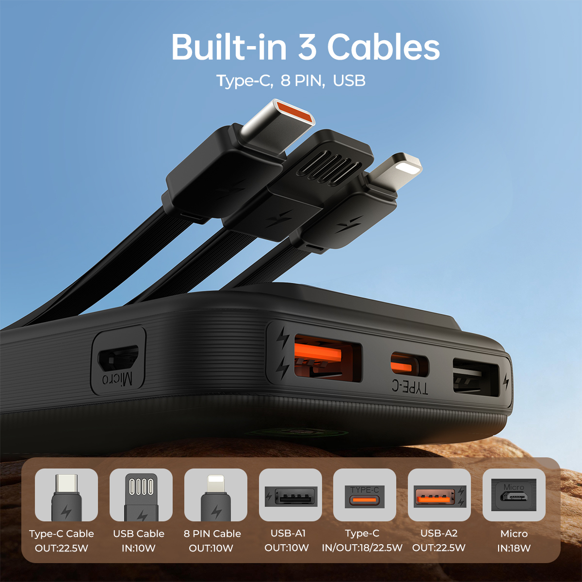 ESEEKGO P-11B PD20W+22.5W 10000 mAh Power Bank With Built-in 3 Cables