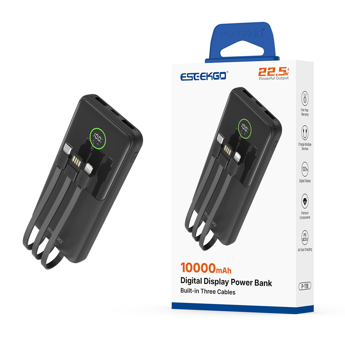 ESEEKGO P-11B PD20W+22.5W 10000 mAh Power Bank With Built-in 3 Cables