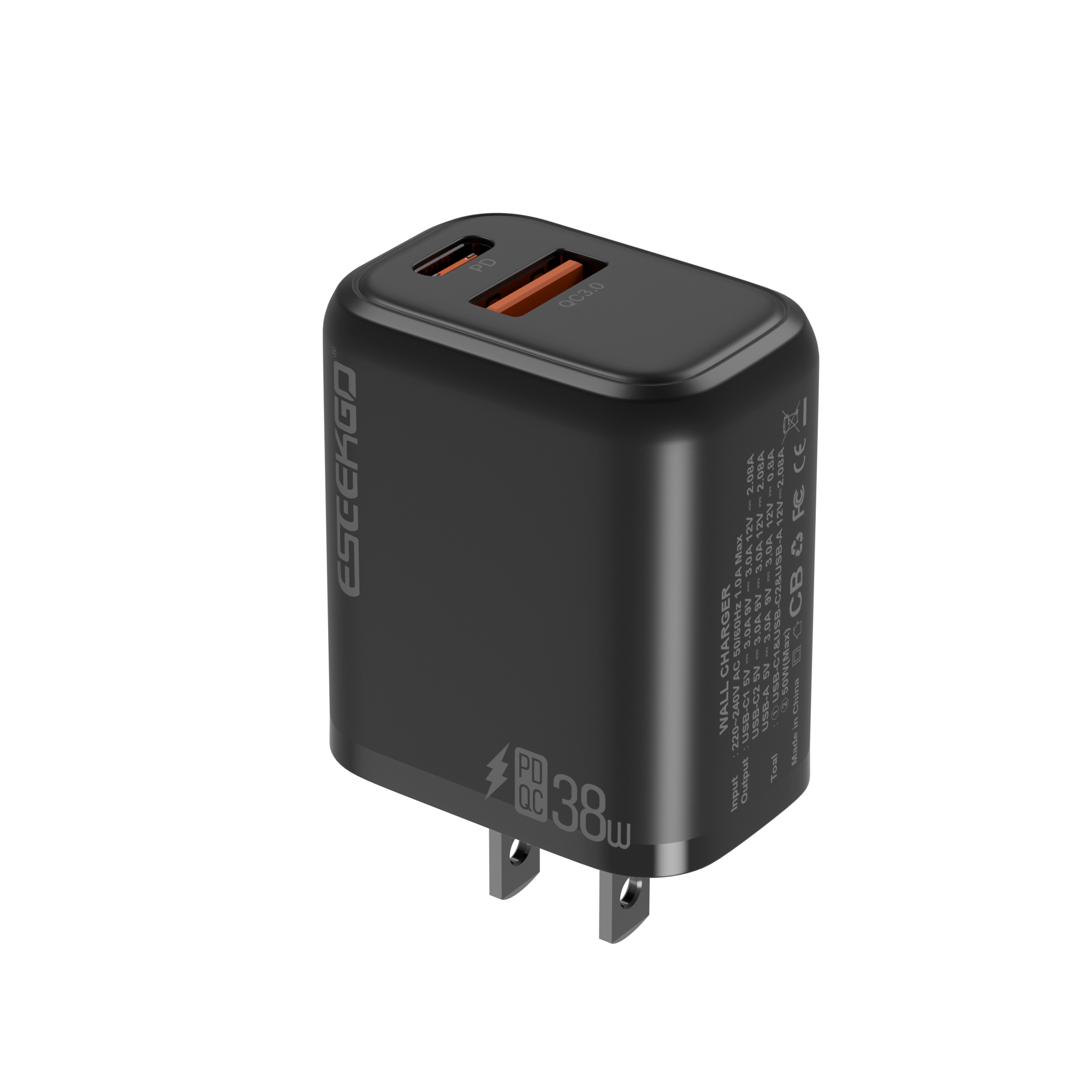 ESEEKGO T-35B 3.0A 38W QC3.0 USB A + Type-C Travel Adapter