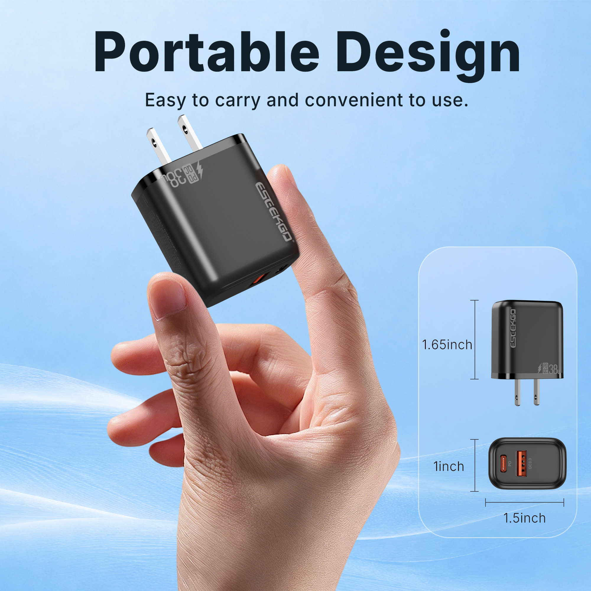 ESEEKGO T-35BC 3.0A 38W QC3.0 A+C Travel Adapter with C-C 60W 3.3FT Data Cable