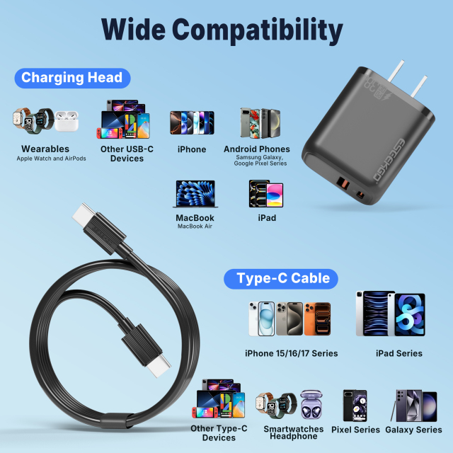 ESEEKGO T-35BC 3.0A 38W QC3.0 A+C Travel Adapter with C-C 60W 3.3FT Data Cable