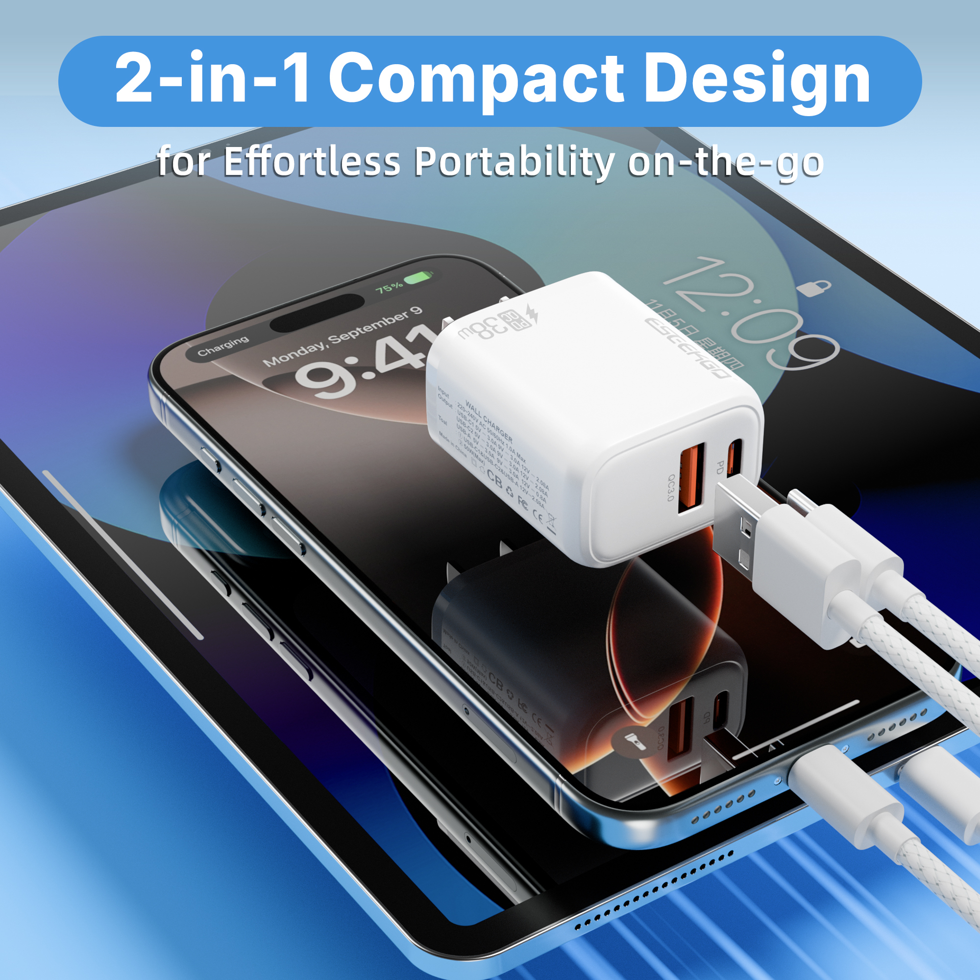 ESEEKGO T-35W 3.0A 38W QC3.0 USB A + Type-C Travel Adapter