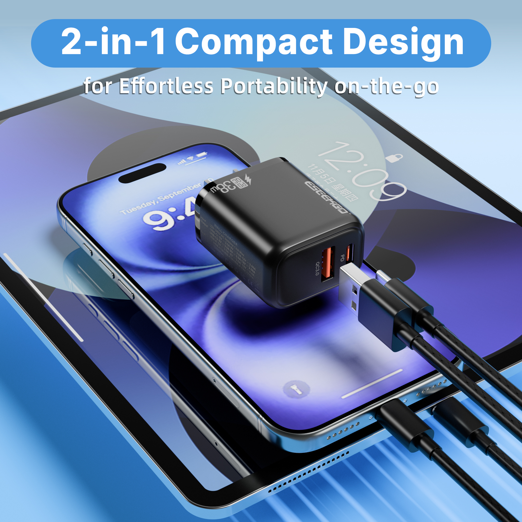 ESEEKGO T-35B 3.0A 38W QC3.0 USB A + Type-C Travel Adapter