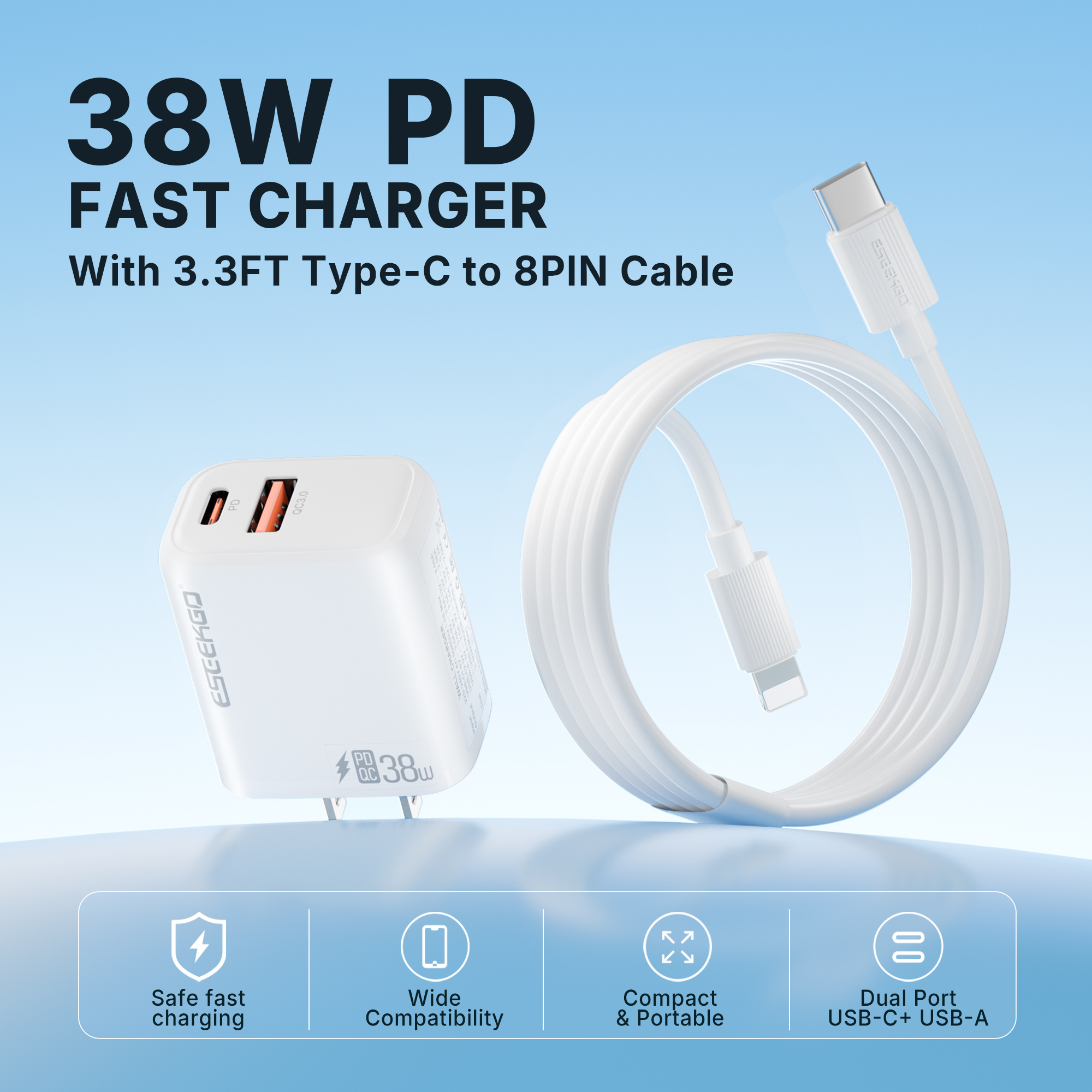 ESEEKGO T-35WL 3.0A 38W QC3.0 A+C Travel Adapter with C-L 27W 3.3FT Data Cable