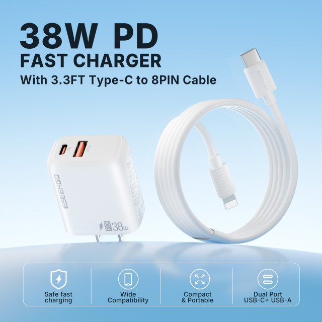 ESEEKGO T-35WL 3.0A 38W QC3.0 A+C Travel Adapter with C-L 27W 3.3FT Data Cable