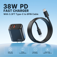 ESEEKGO T-35BL 3.0A 38W QC3.0 A+C Travel Adapter with C-L 27W 3.3FT Data Cable