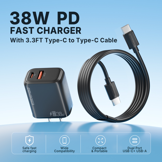 ESEEKGO T-35BC 3.0A 38W QC3.0 A+C Travel Adapter with C-C 60W 3.3FT Data Cable