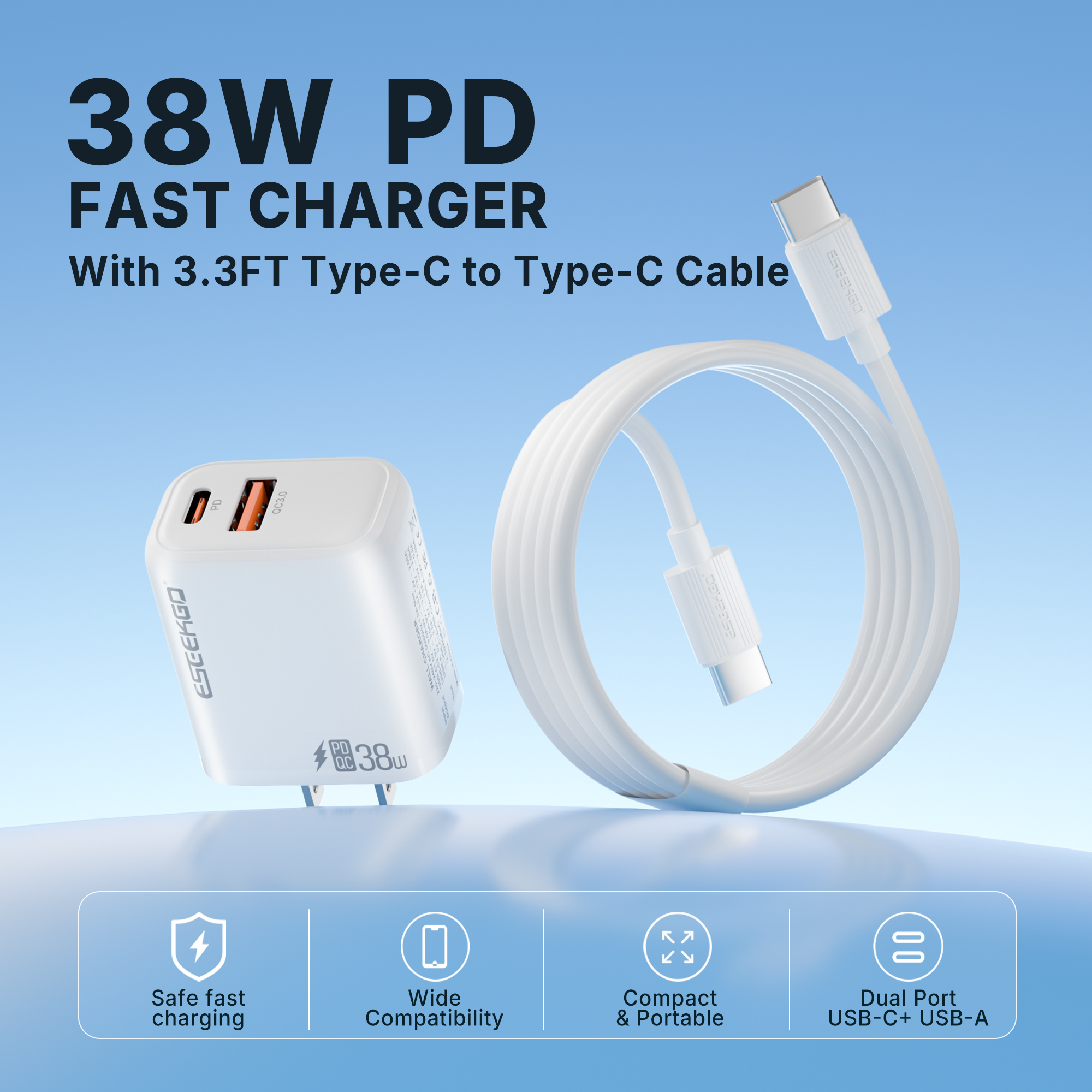 ESEEKGO T-35WC 3.0A 38W QC3.0 A+C Travel Adapter with C-C 60W 3.3FT Data Cable
