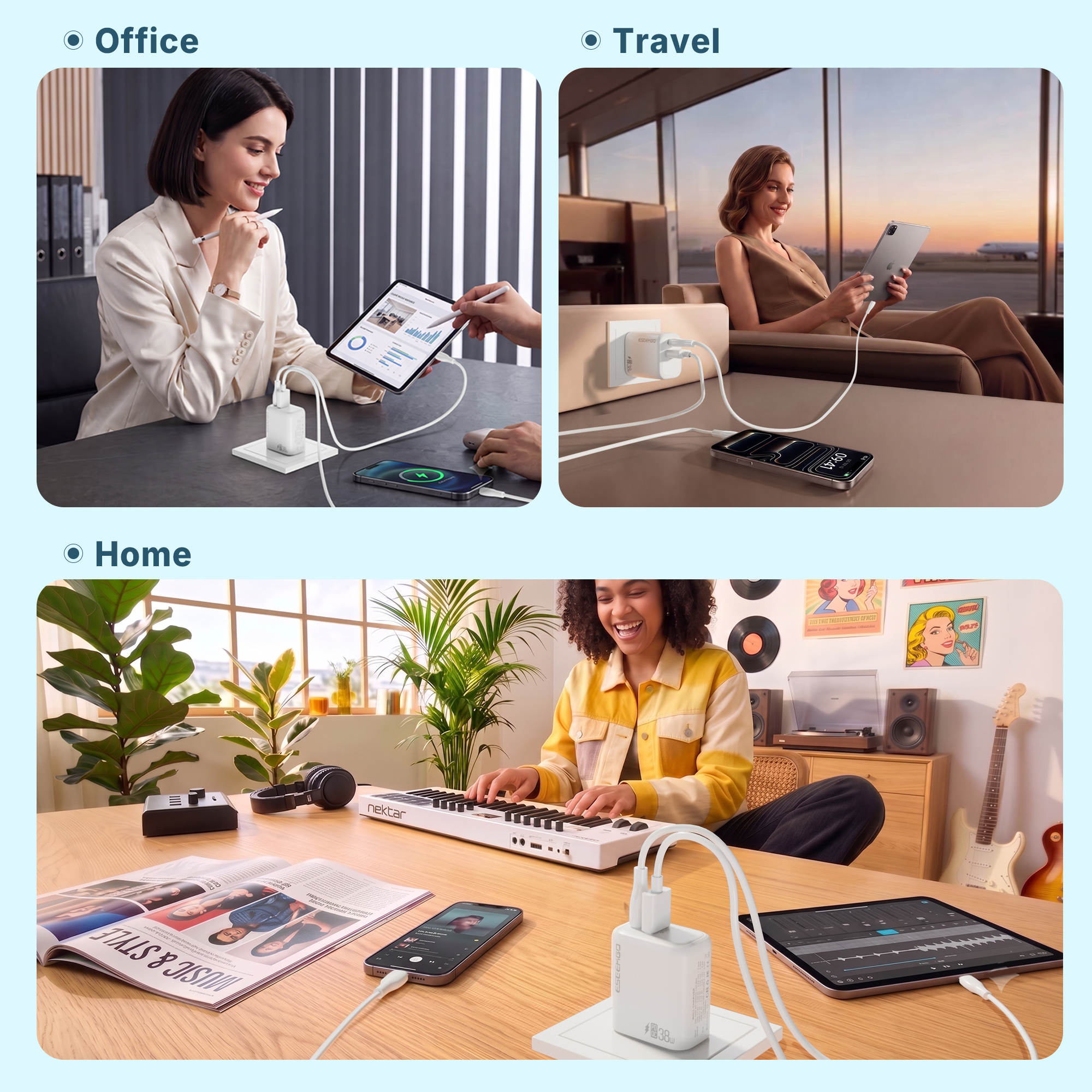 ESEEKGO T-35W 3.0A 38W QC3.0 USB A + Type-C Travel Adapter