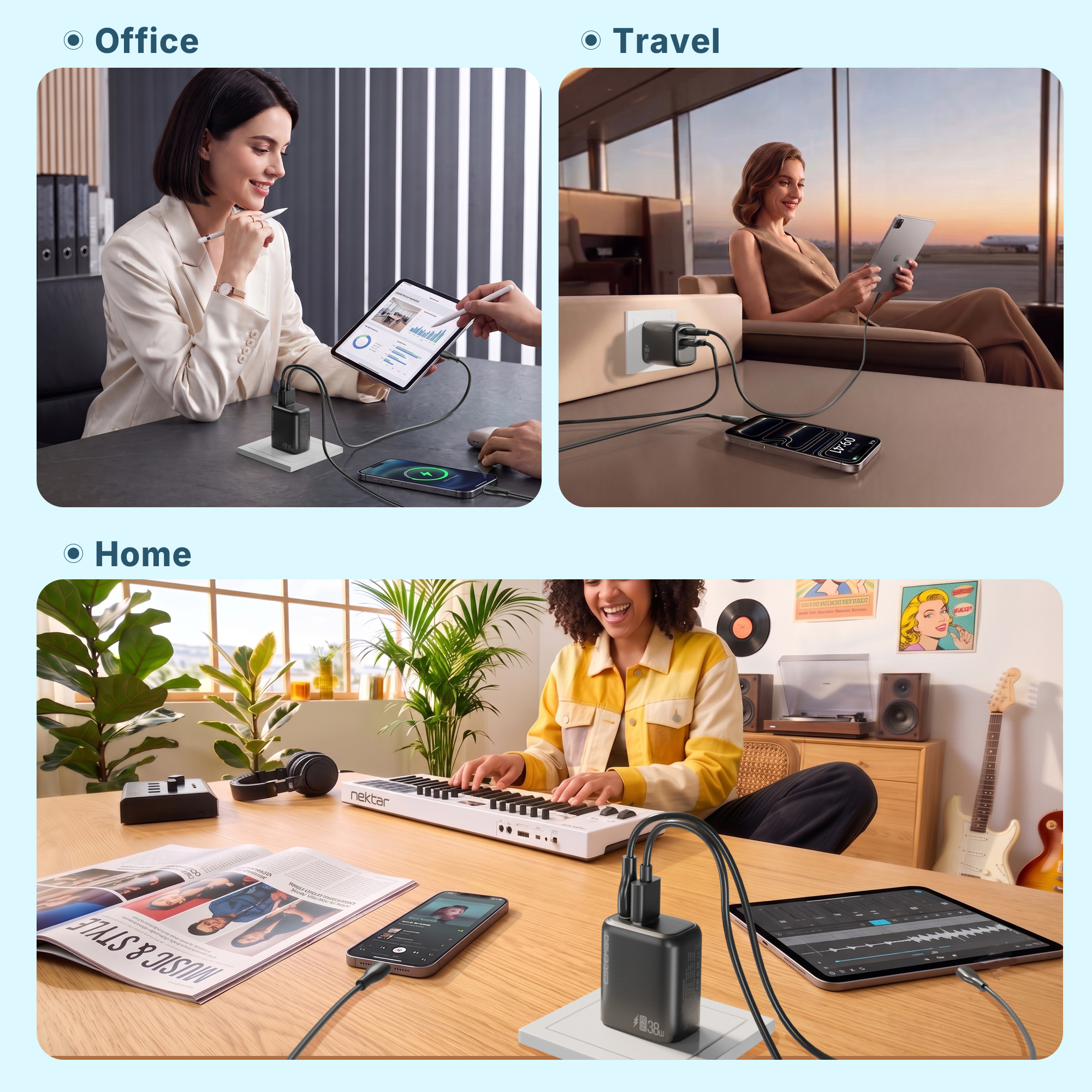 ESEEKGO T-35B 3.0A 38W QC3.0 USB A + Type-C Travel Adapter