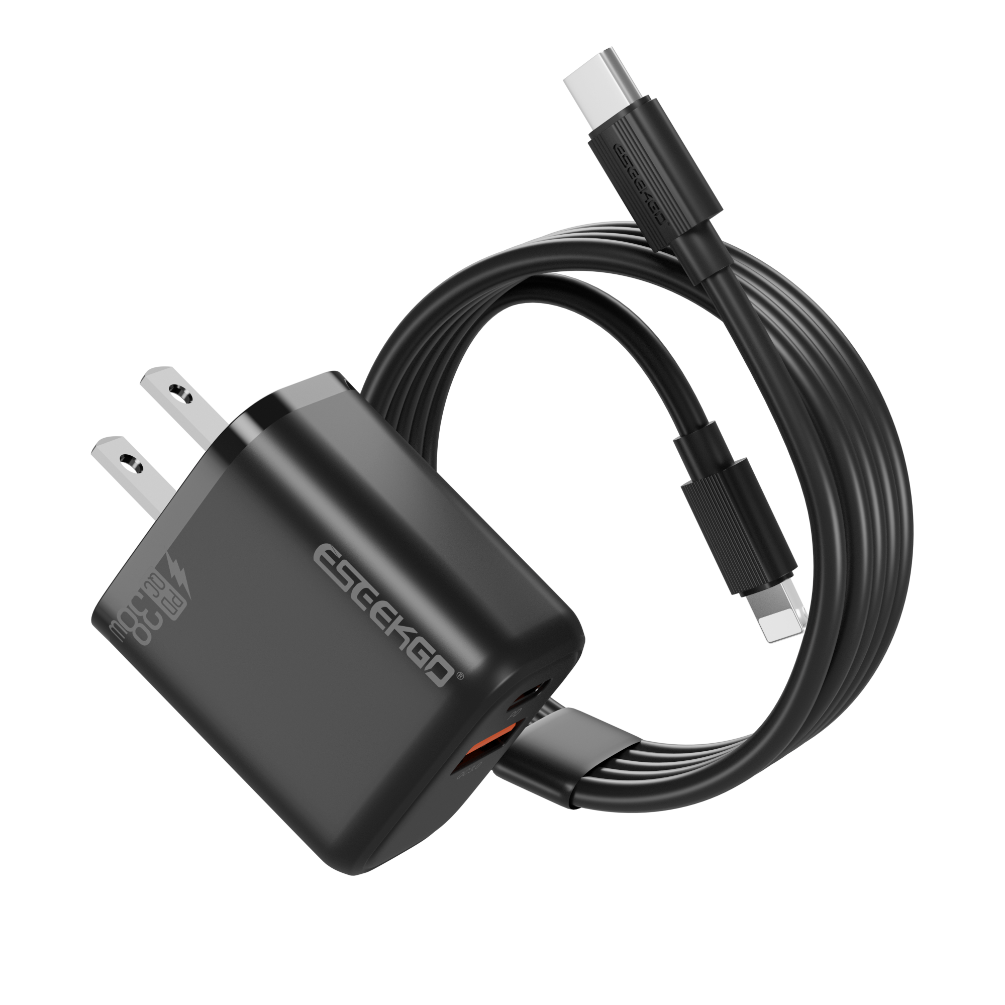 ESEEKGO T-35BL 3.0A 38W QC3.0 A+C Travel Adapter with C-L 27W 3.3FT Data Cable