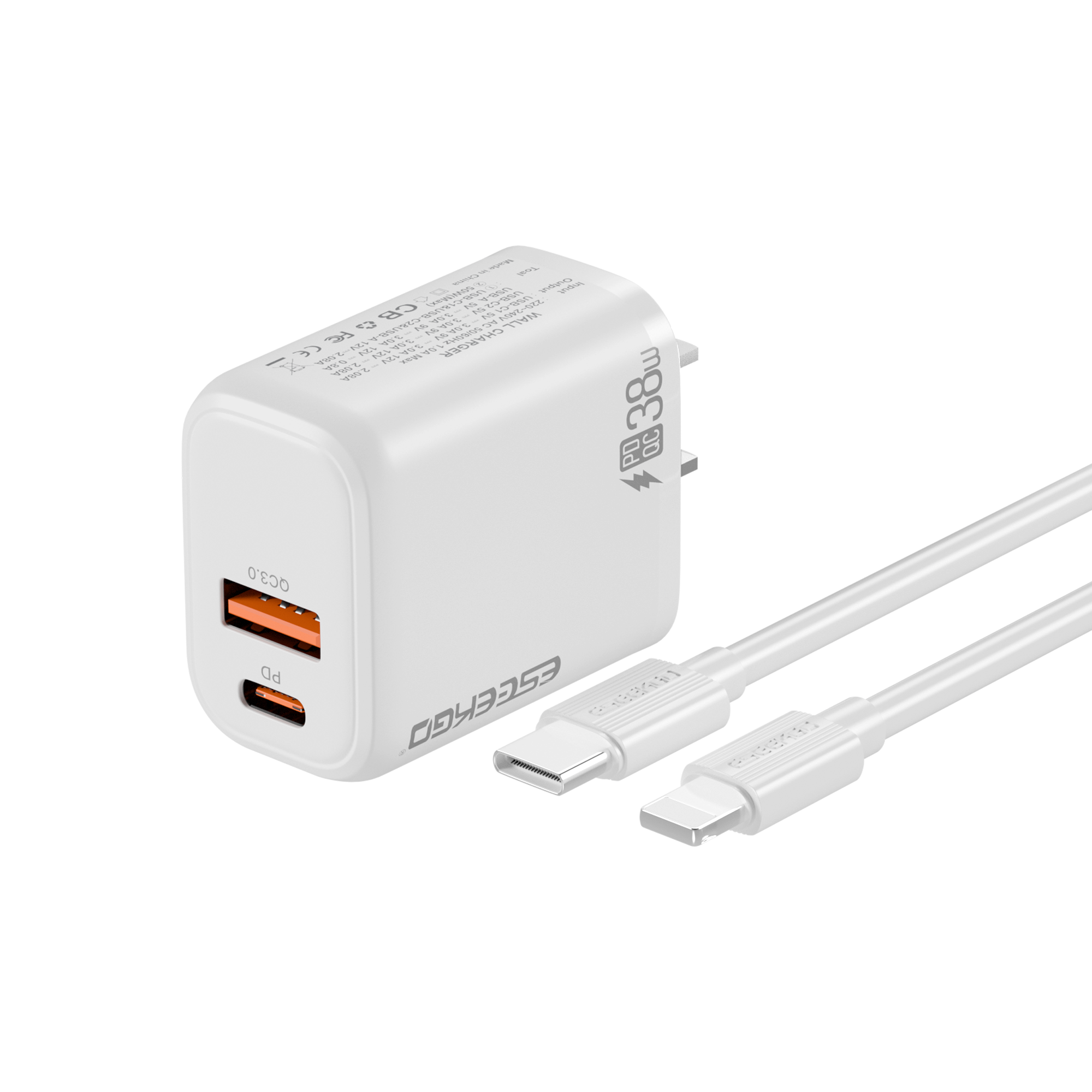 ESEEKGO T-35WL 3.0A 38W QC3.0 A+C Travel Adapter with C-L 27W 3.3FT Data Cable