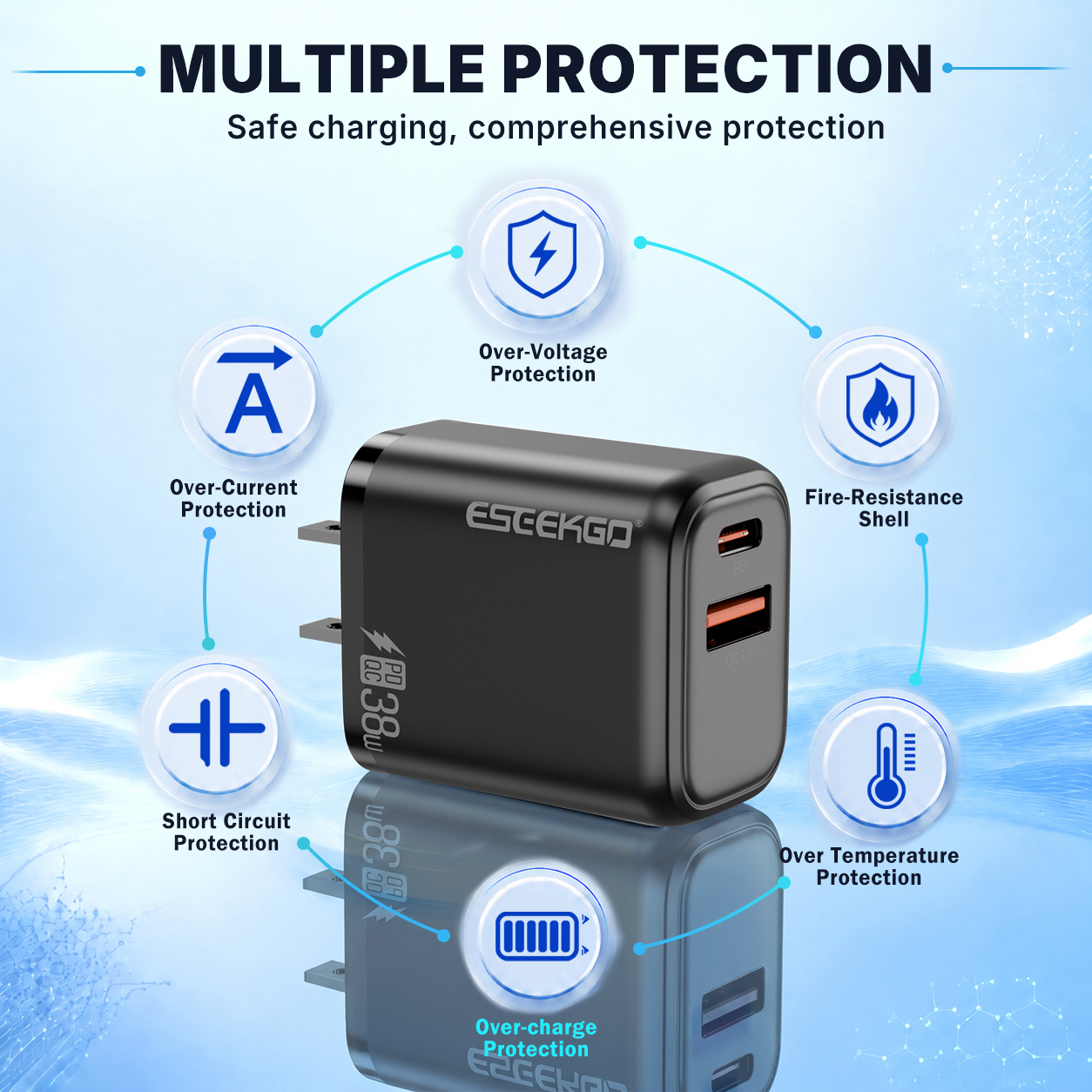 ESEEKGO T-35BC 3.0A 38W QC3.0 A+C Travel Adapter with C-C 60W 3.3FT Data Cable