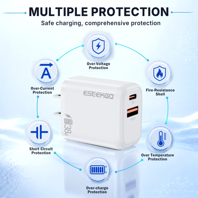 ESEEKGO T-35WC 3.0A 38W QC3.0 A+C Travel Adapter with C-C 60W 3.3FT Data Cable