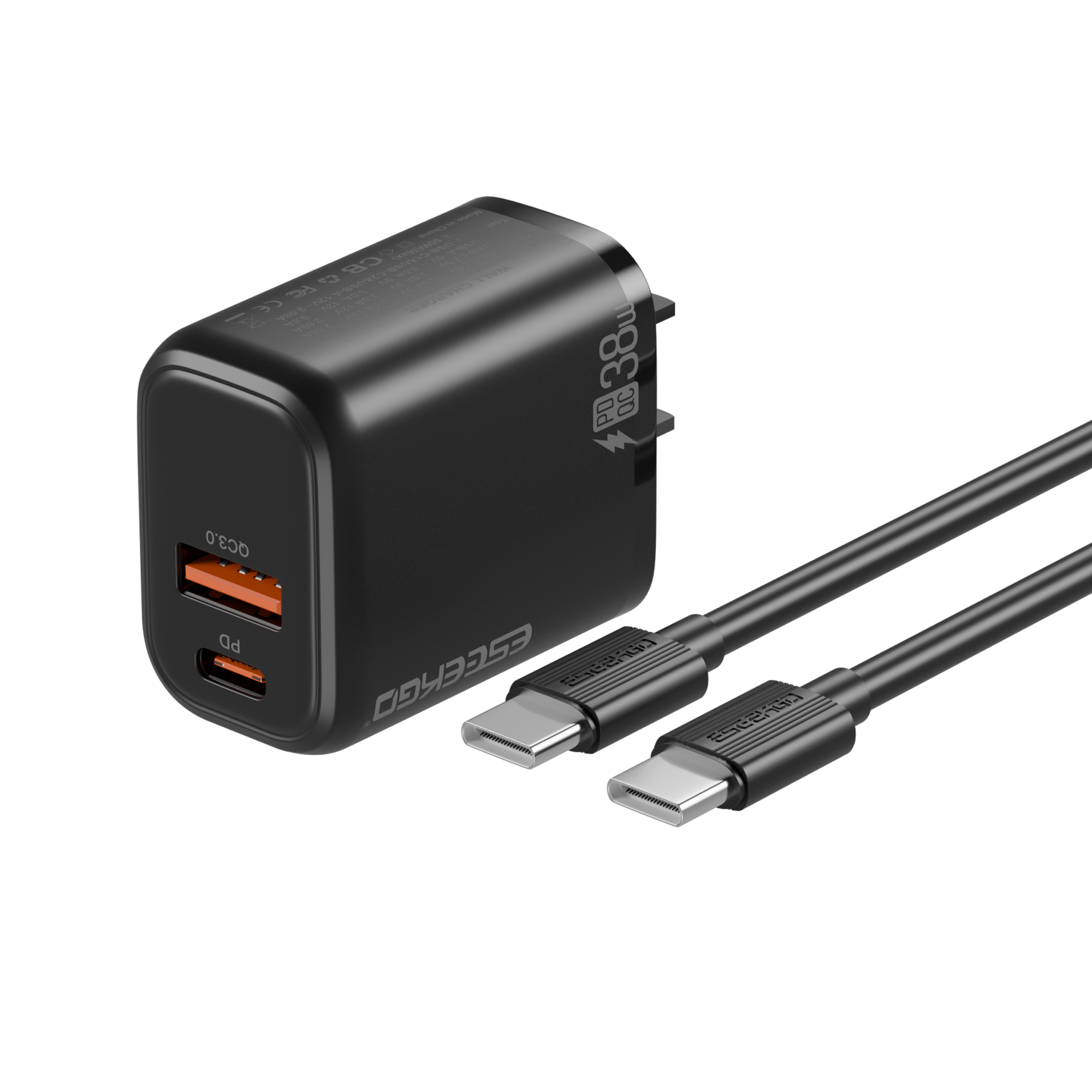 ESEEKGO T-35BC 3.0A 38W QC3.0 A+C Travel Adapter with C-C 60W 3.3FT Data Cable