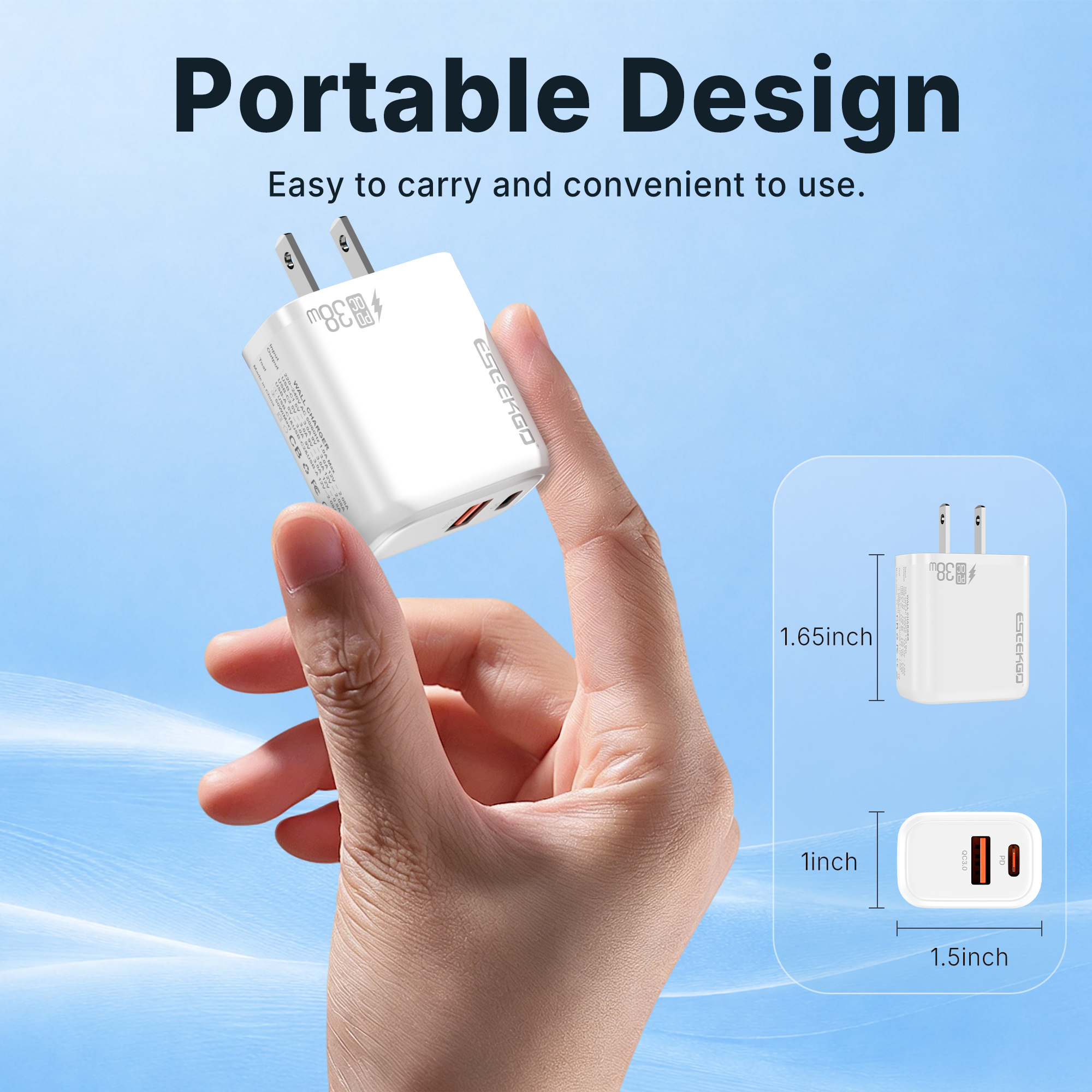 ESEEKGO T-35WC 3.0A 38W QC3.0 A+C Travel Adapter with C-C 60W 3.3FT Data Cable