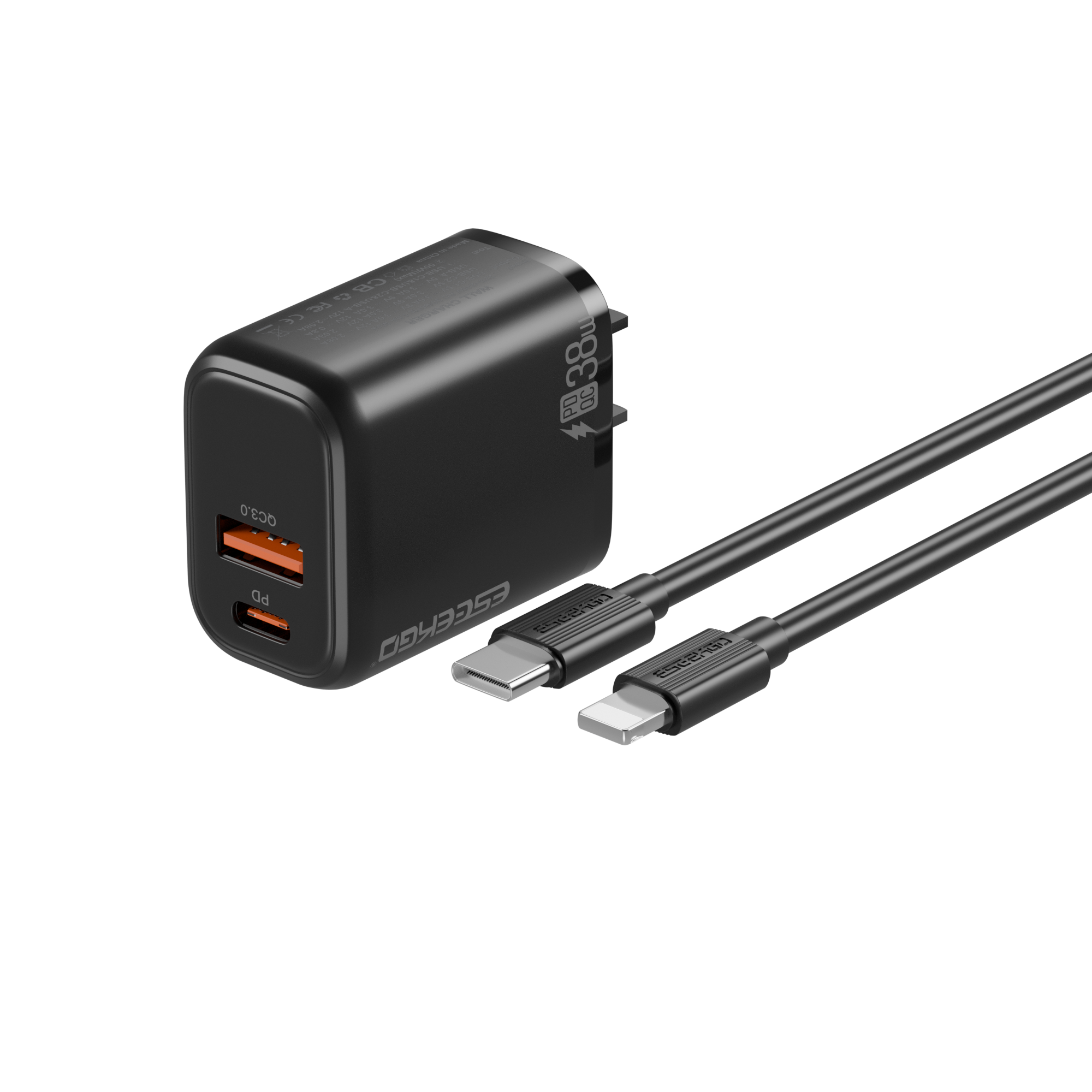 ESEEKGO T-35BL 3.0A 38W QC3.0 A+C Travel Adapter with C-L 27W 3.3FT Data Cable