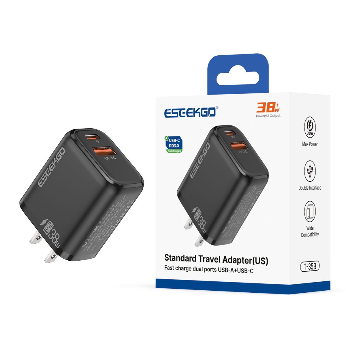 ESEEKGO T-35B 3.0A 38W QC3.0 USB A + Type-C Travel Adapter