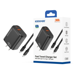 ESEEKGO T-35BC 3.0A 38W QC3.0 A+C Travel Adapter with C-C 60W 3.3FT Data Cable