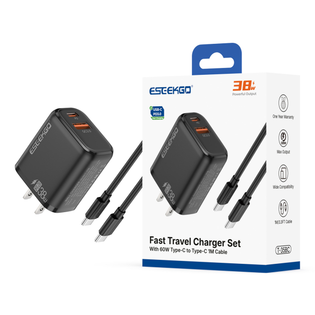 ESEEKGO T-35BC 3.0A 38W QC3.0 A+C Travel Adapter with C-C 60W 3.3FT Data Cable
