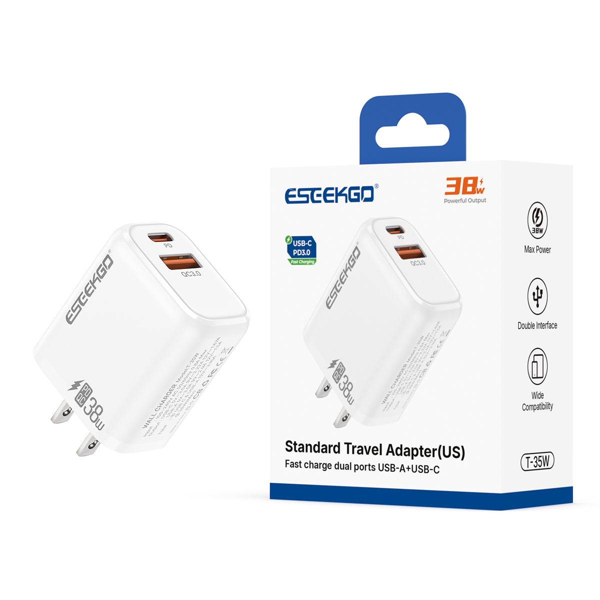 ESEEKGO T-35W 3.0A 38W QC3.0 USB A + Type-C Travel Adapter