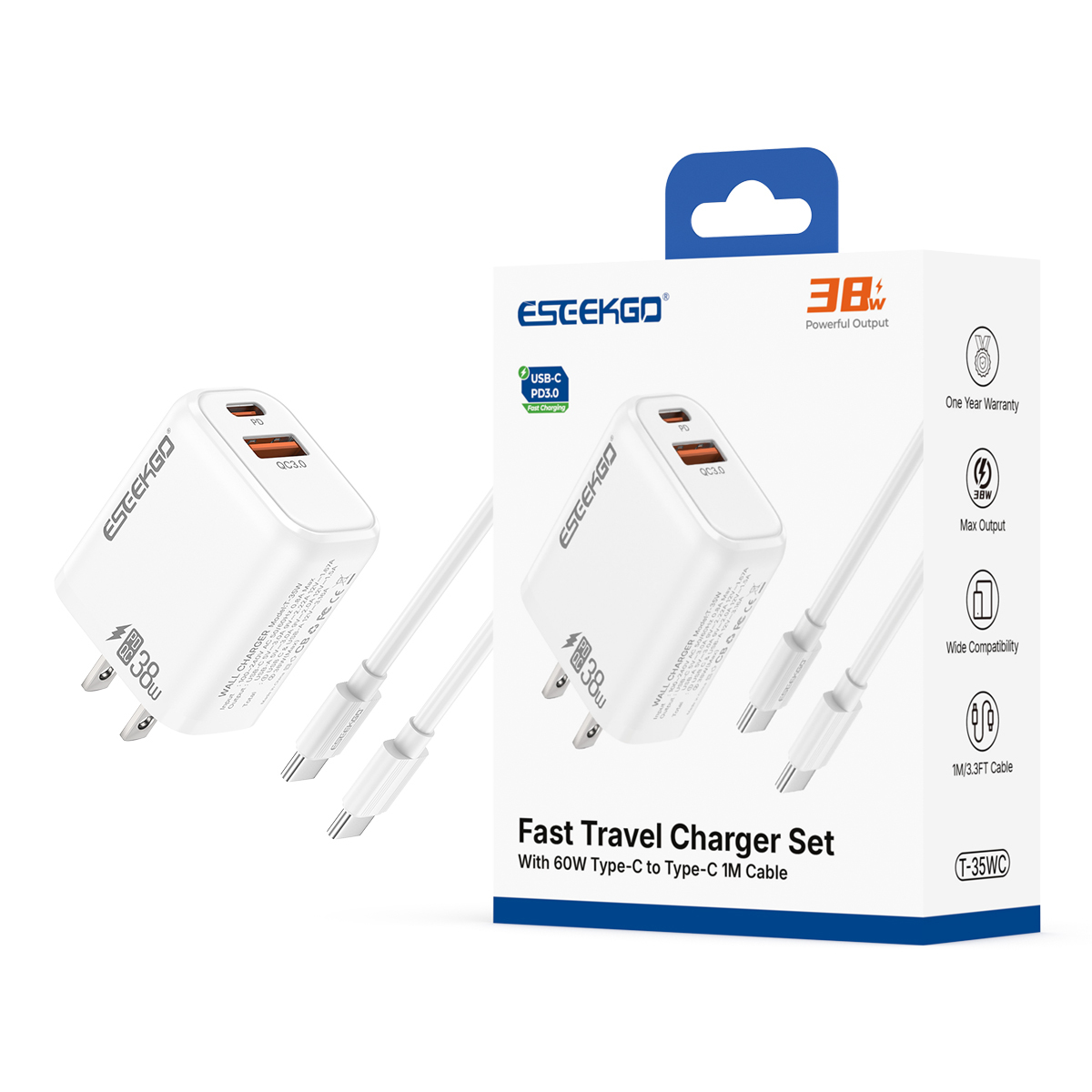 ESEEKGO T-35WC 3.0A 38W QC3.0 A+C Travel Adapter with C-C 60W 3.3FT Data Cable