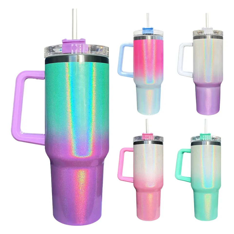 USA RTS 40oz V1 Sublimation Ombre Graident rainbow shimmer glitter tumbler with handle