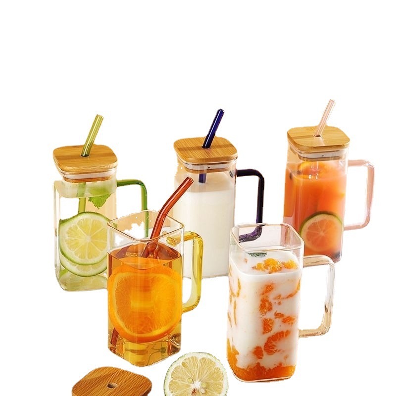 Chinese Warehouse Sublimation 13oz Square Colorful Glass Can With Handle
