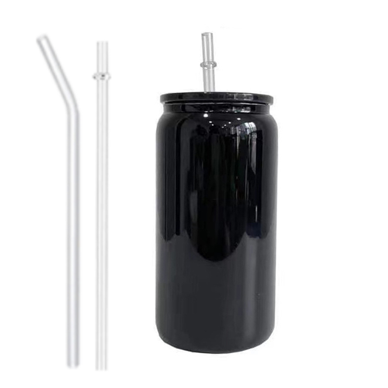 Chinese Warehouse Sublimation 16oz Black Glass Can With Plastic Straw
