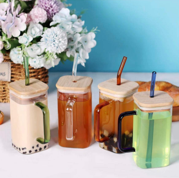 Chinese Warehouse Sublimation 13oz Square Colorful Glass Can With Handle