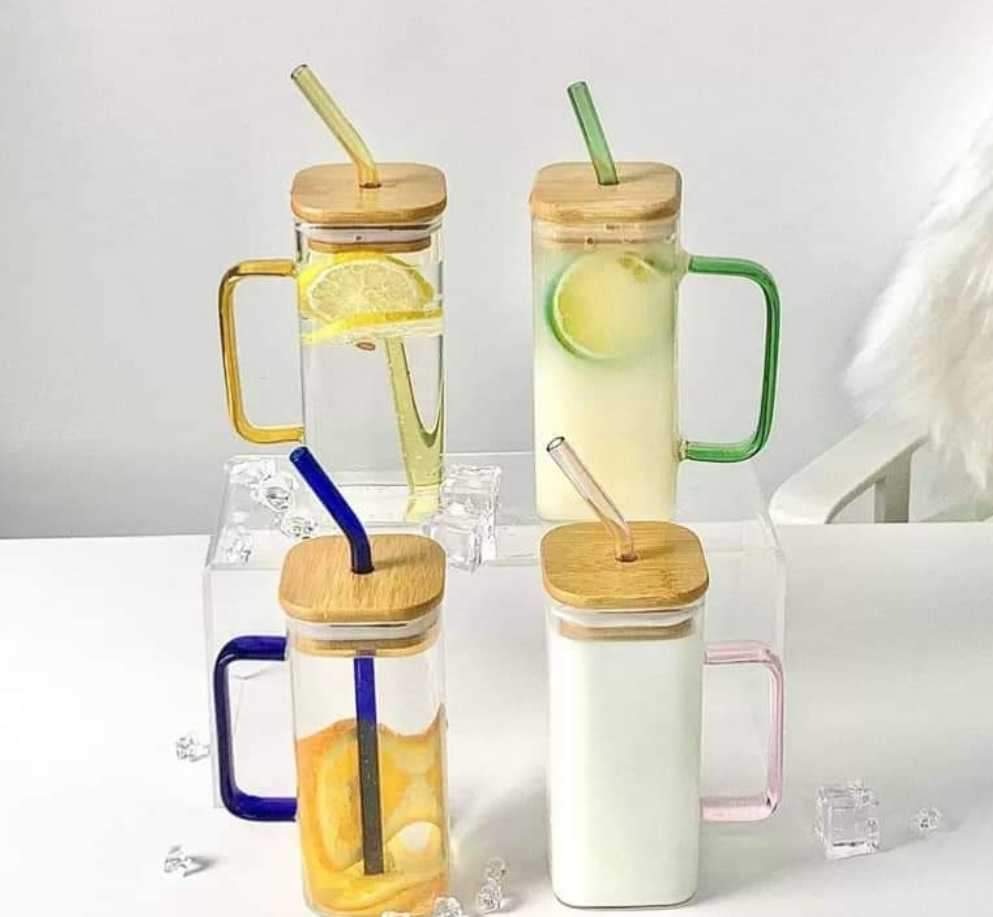 Chinese Warehouse Sublimation 13oz Square Colorful Glass Can With Handle