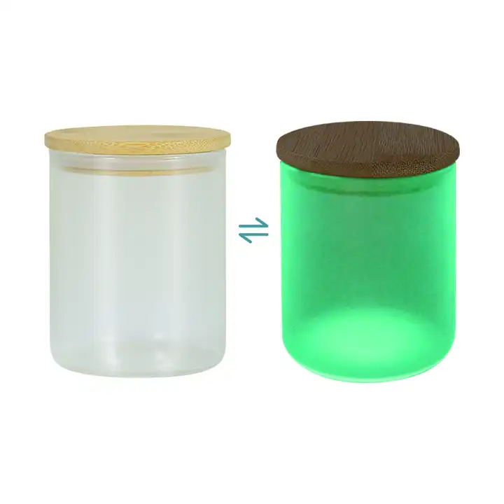 Chinese Warehouse 6oz Frosted Clear Glow in the Dark Sublimation Glass Candle Jar With Wooden Lid