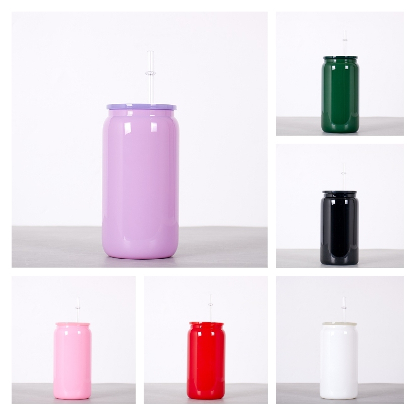 CHINESE WAREHOUSE Sublimation 16oz Black Glass Can With Plastic Straw