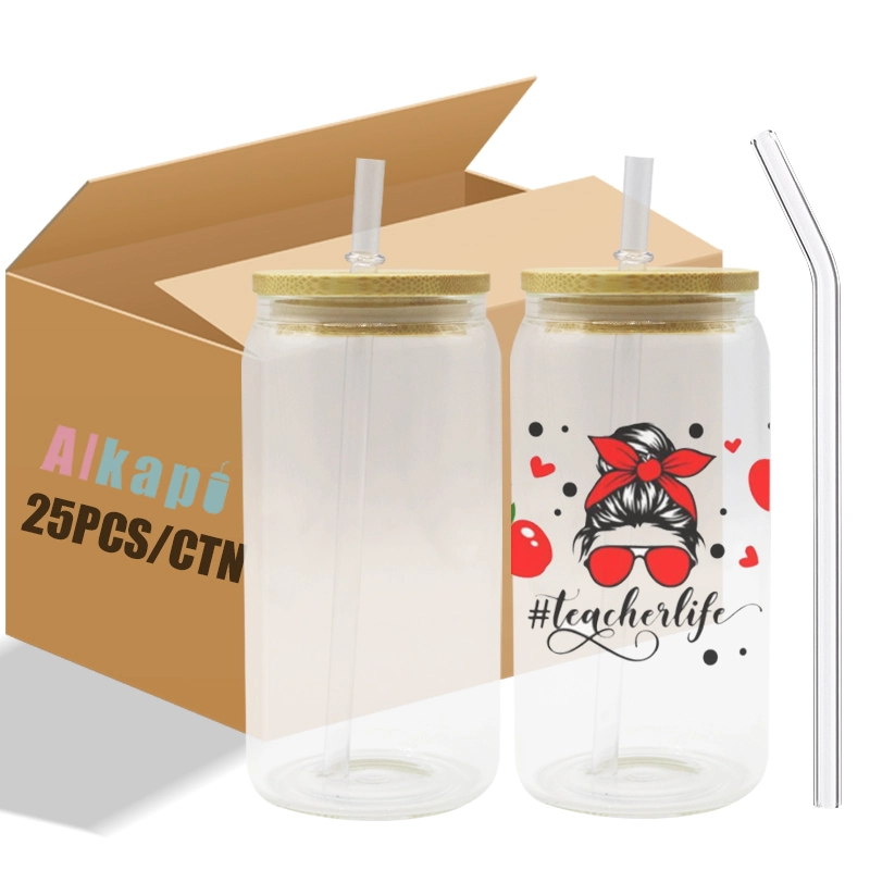 USA RTS 16oz Sublimation Blank Clear Glass Can with bamboo lid and plastic straw