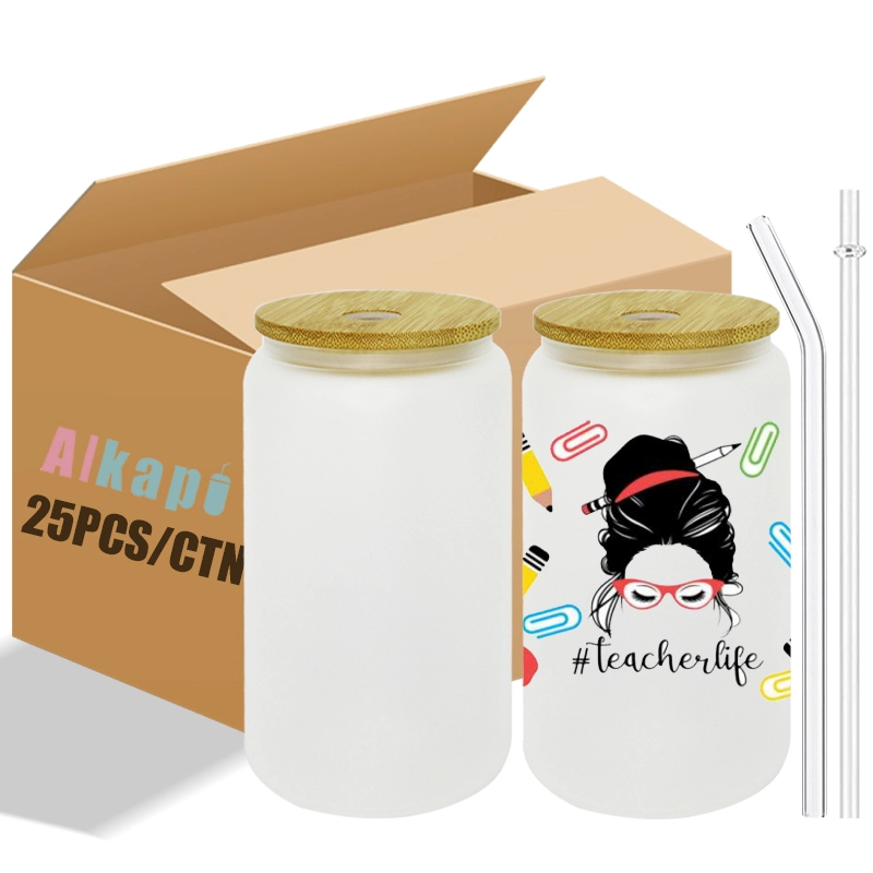 USA RTS 16oz Sublimation Blank Frosted Glass Can with bamboo lid and plastic straw