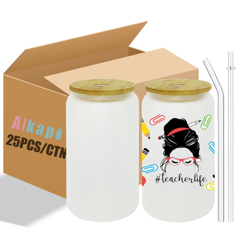 USA RTS 16oz Sublimation Blank Frosted Glass Can with bamboo lid and plastic straw